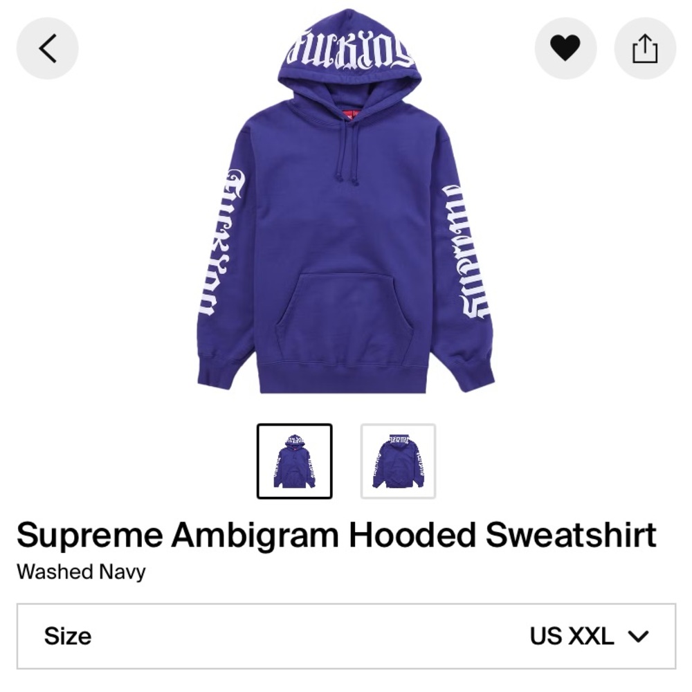 Supreme Ambigram Hooded Sweatshirt “Navy” Size:XXL